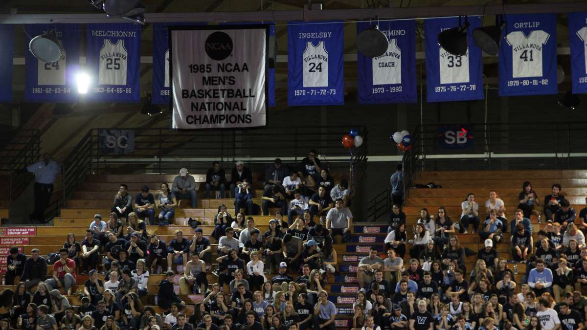 A banner hanging in the Pavilion celebrates the last time Villanova won the NCAA men's championship in 1985. (Emma Lee/WHYY)