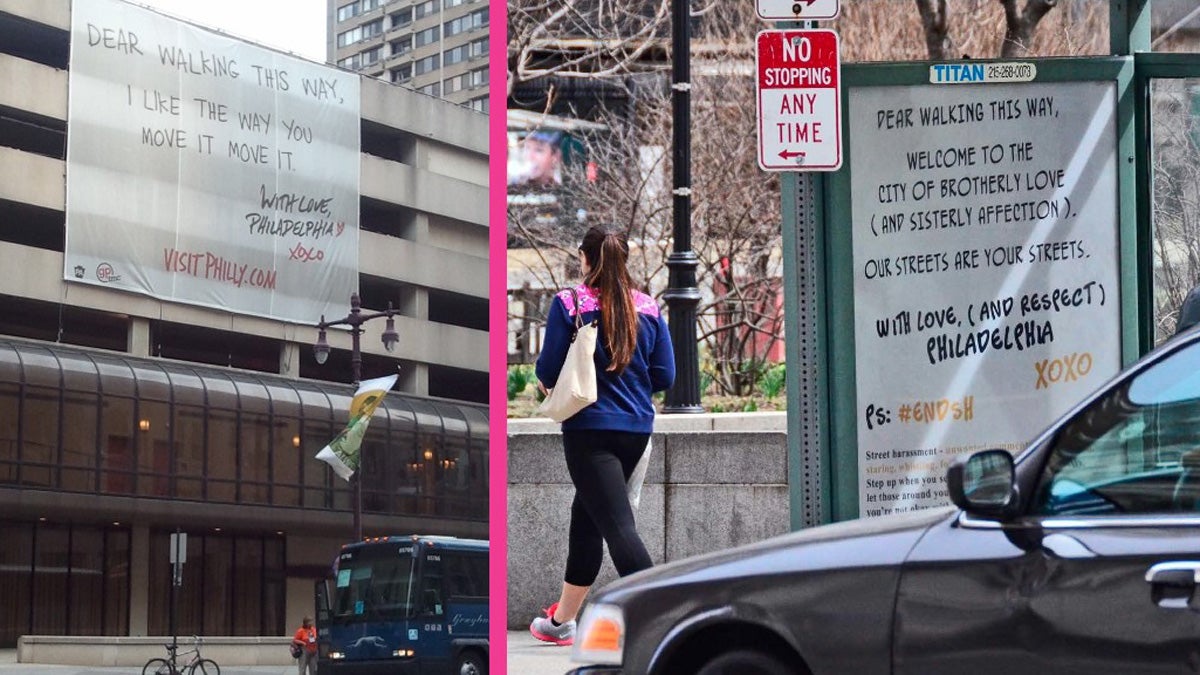  This composite image taken from  HollabackPhilly's website shows an ad from Visit Philadelphia (left), and a contrasting bus shelter ad at 16th and JFK (right) running as part of HollabackPhilly's April 2014 anti-street harassment ad campaign. 