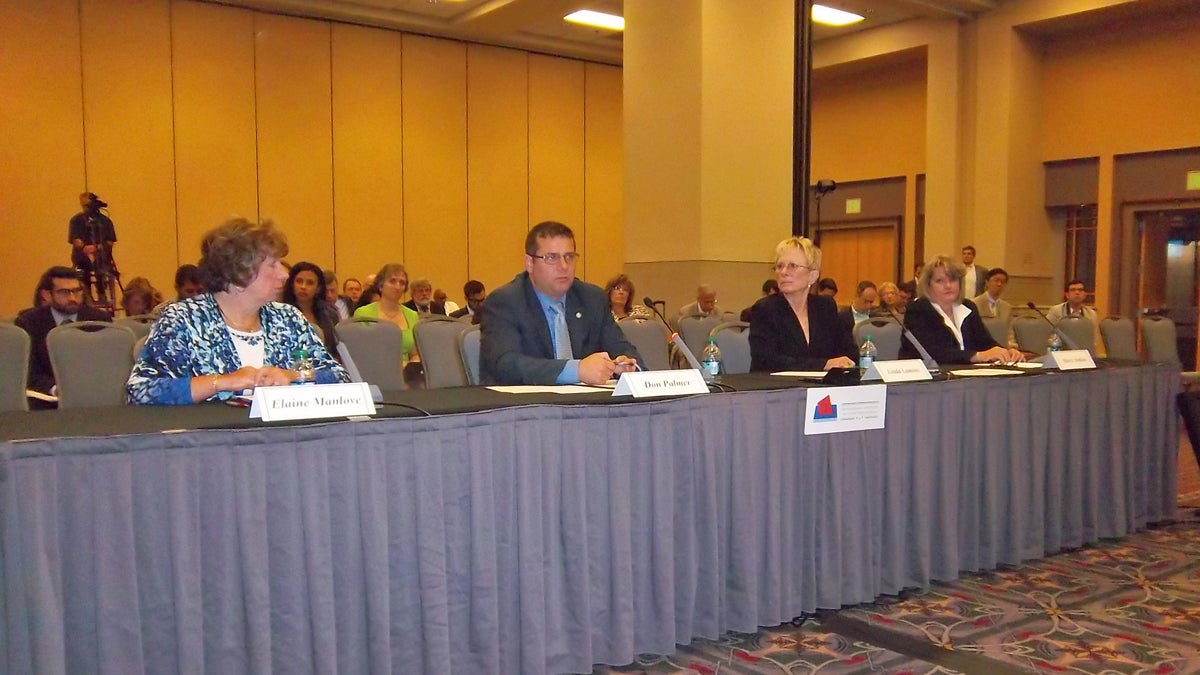  Delaware elections chief Elaine Manlove (left) and officials from three other states testify before the Presidential Commission on Election Administration. (Dave Davies/WHYY) 