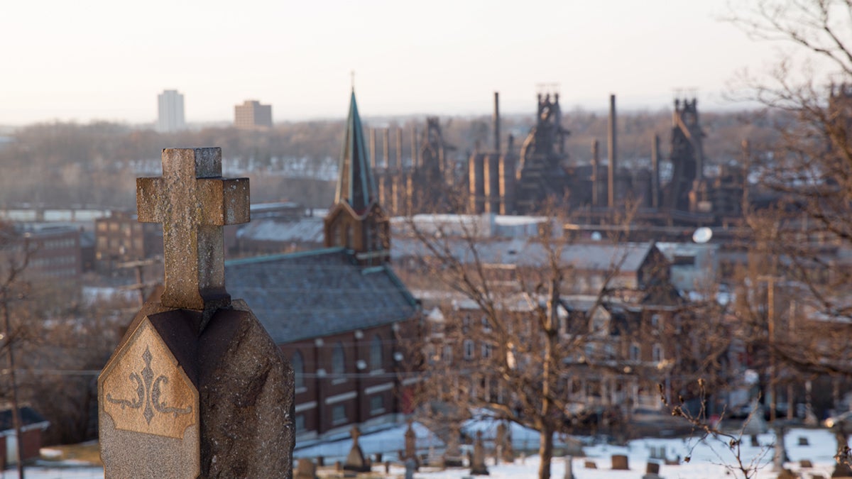  A knockoff of Walker Evans' 1935 photograph from St. Michael’s Cemetery in south Bethlehem looking at the blast furnaces in the distance taken March 11, 2015. (Lindsay Lazarski/WHYY) 