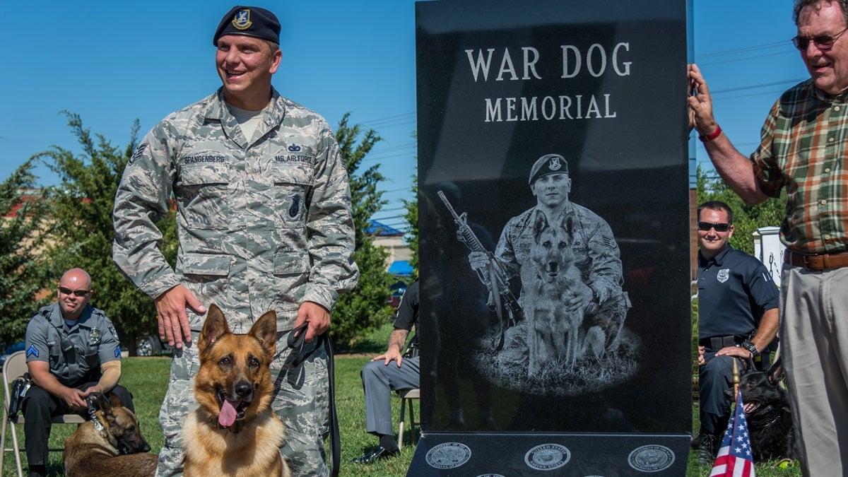  Air Force SSgt. Jason Spangenberg and his dog Rico are depicted on the war dog memorial in Dover. (photo courtesy Delaware VVA-Flickr) 