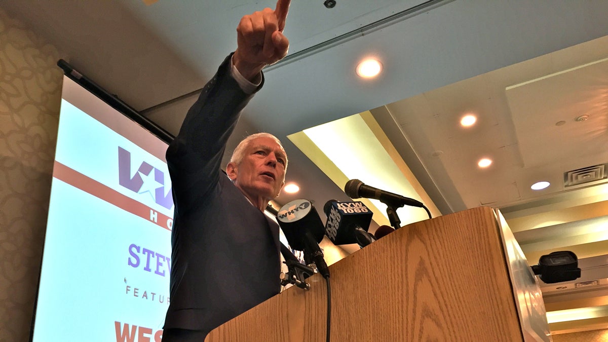 Retired Gen. Wesley Clark speaks to the New Jersey delegation to the Democratic National Convention. (Joe Hernandez/WHYY)