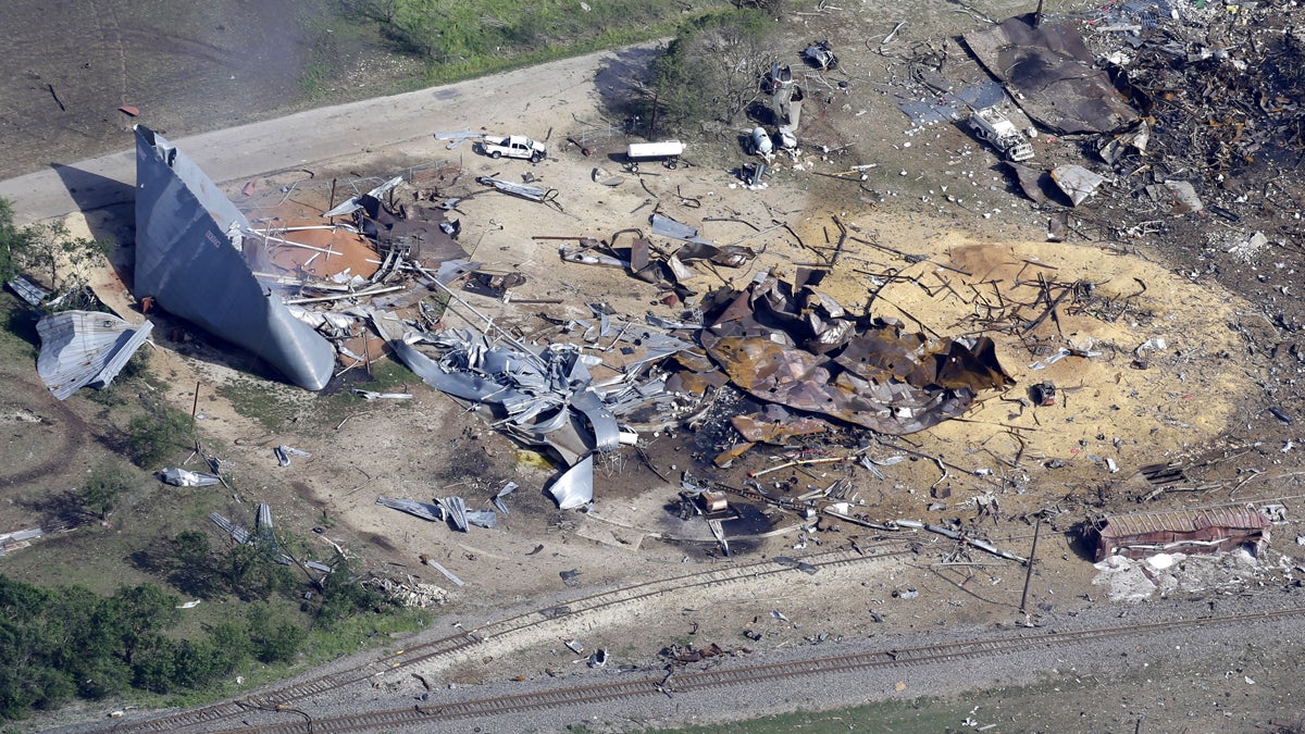 This aerial photo shows the remains of a fertilizer plant destroyed by an explosion in West
