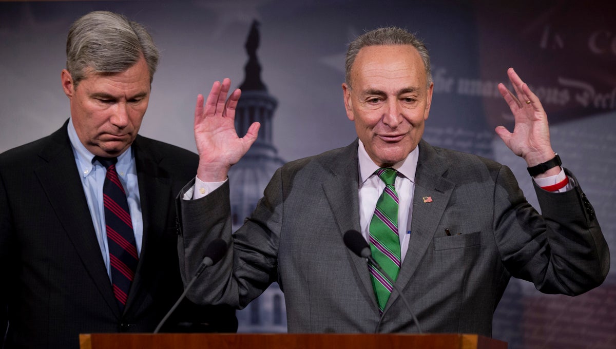  Sen. Charles Schumer, D-N.Y., right, accompanied by Sen. Sheldon Whitehouse, D-R.I., speak to reporters on Capitol Hill in Washington, Wednesday, April 2, 2014, about the Supreme Court¹s decision in the McCutcheon vs. FEC case, in which the Court struck down limits in federal law on the aggregate campaign contributions individual donors may make to candidates, political parties, and political action committees.  (AP Photo/Manuel Balce Ceneta) 