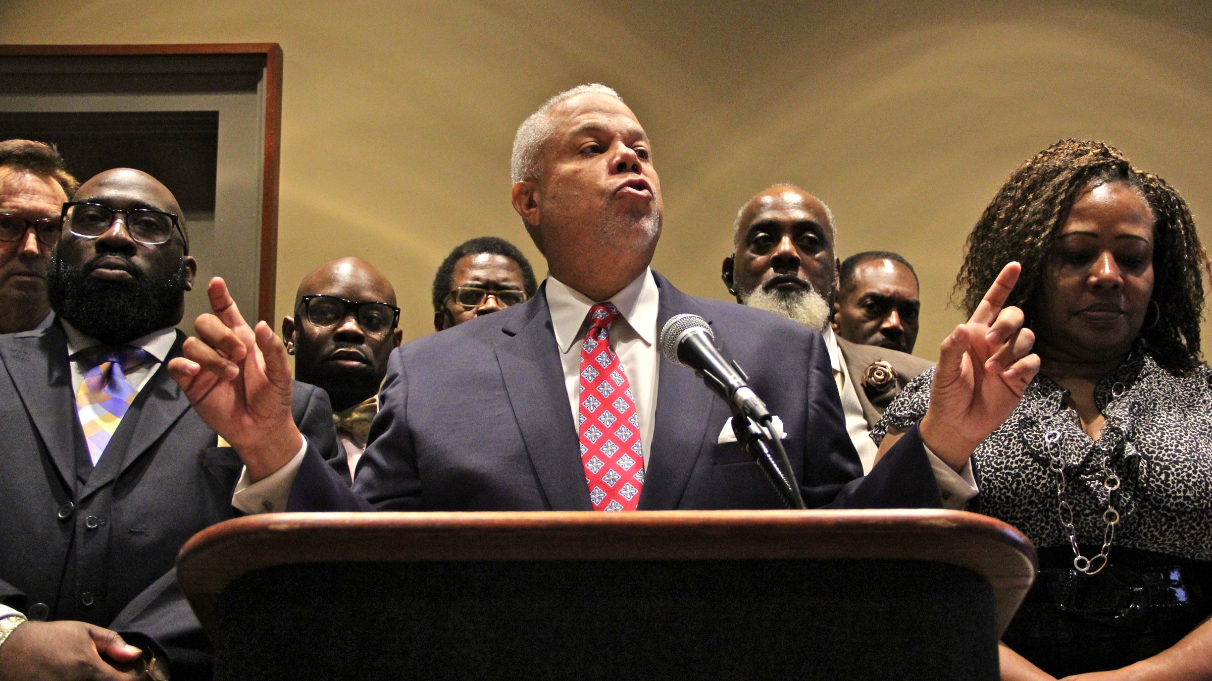  Pennsylvania Sen. Anthony Williams calls for the resignation of state Supreme Court Justice Michael Eakin after reviewing with community leaders the racist, misogynist and pornographic emails he and others passed around on state-owned computers. (Emma Lee/WHYY) 