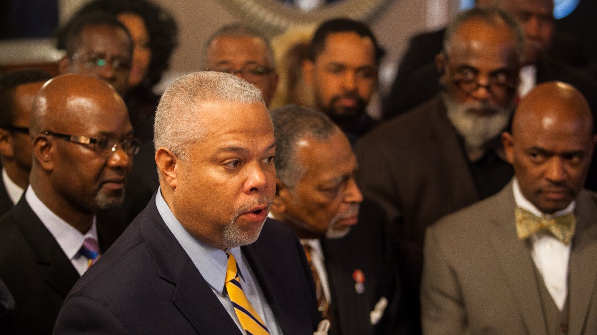  Mayoral Candidate State Senator Anthony Hardy Williams speaks to members and leaders of Philadelphia Black Clergy after receiving their endorsement Thursday. (Brad Larrison/for NewsWorks) 