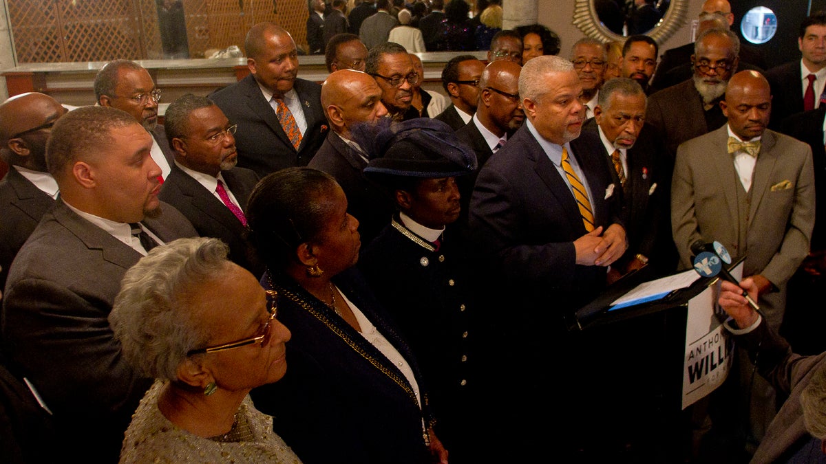  Candidate for Mayor Anthony Hardy Williams with leaders and members of Black Clergy of Philadelphia, who gave Williams their endorsement. (Brad Larrison/for NewsWorks) 