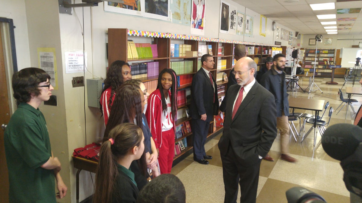  Pennsylvania Gov. Tom Wolf talks with students at Penn Treaty Middle School in Fishtown. (Tom MacDonald/WHYY) 
