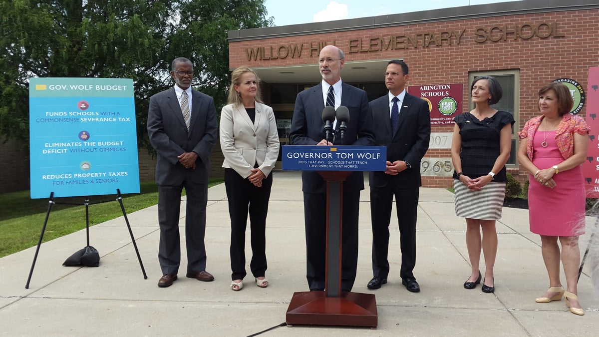  Pennsylvania Gov. Tom Wolf talks about his budget priorities Monday at the Willow Hill Elementary School in Abington Township. (Laura Benshoff/WHYY) 