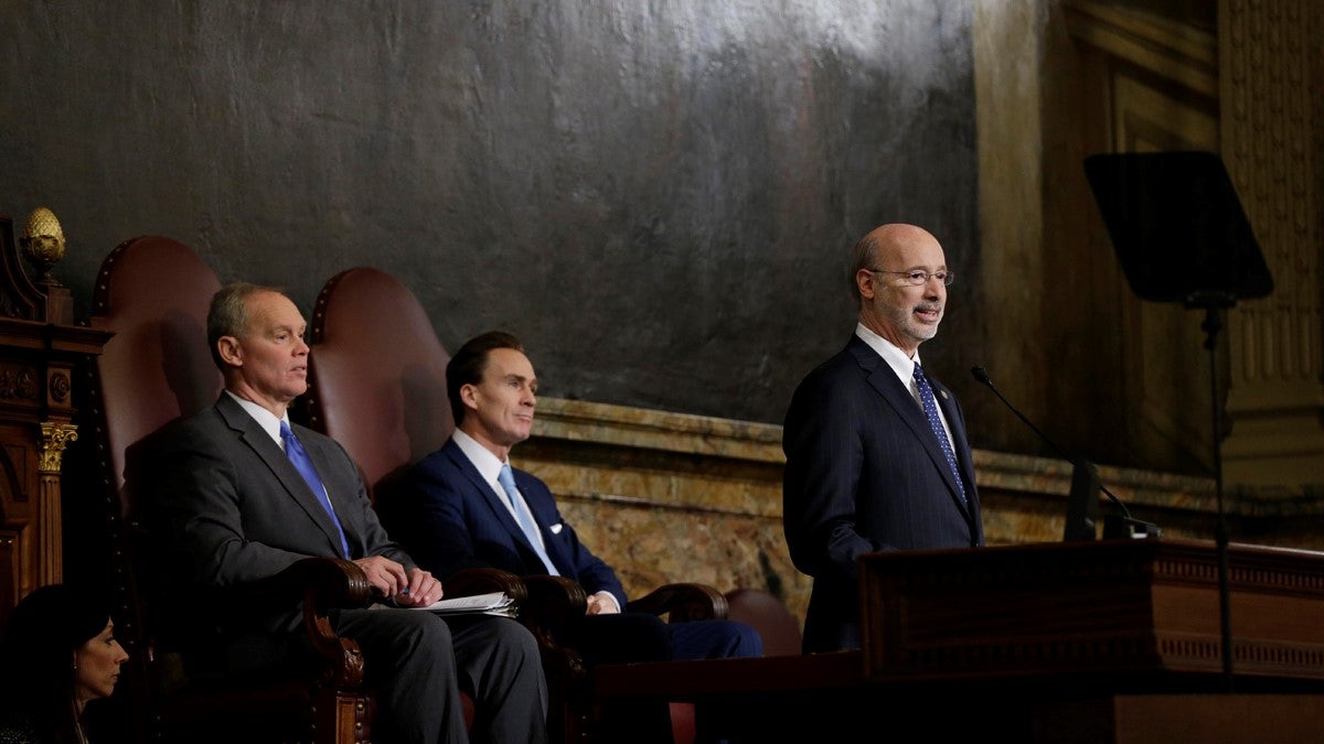  Gov. Tom Wolf delivers his budget address for the 2015-16 fiscal year to a joint session of the Pennsylvania House and Senate Tuesday in Harrisburg. Behind him are the Speaker of the House of Representatives Mike Turzai, R-Allegheny, left, and Lt. Gov. Michael Stack, is at right. (Matt Rourke/AP Photo)  