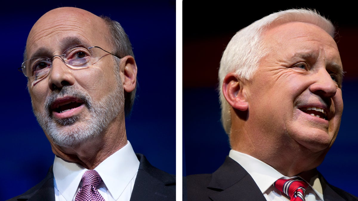  Democrat Tom Wolf and Republican Gov. Tom Corbett speak during the first gubernatorial debate Sept. 22 in Hershey, Pennsylvania. (Matt Rourke/AP Photos) 