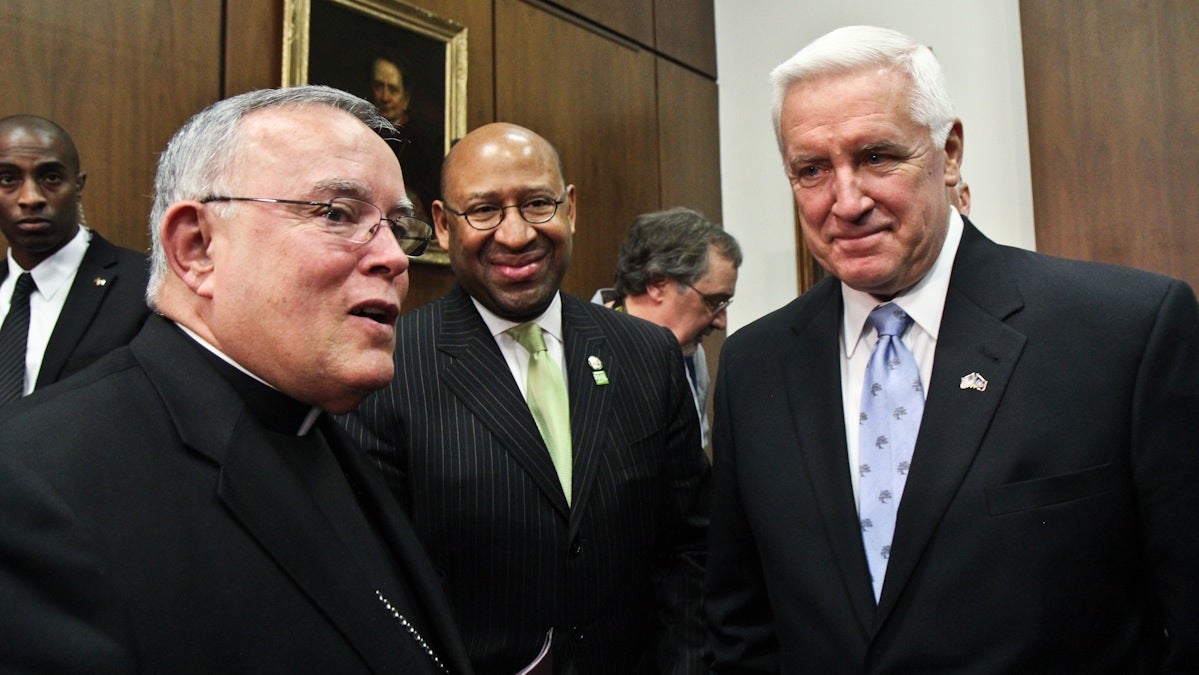 Archbishop Chaput, Mayor Nutter and Governor Corbett announce a delegation to visit the Vatican regarding the Eighth World Meeting of Families (Kimberly Paynter/WHYY) 