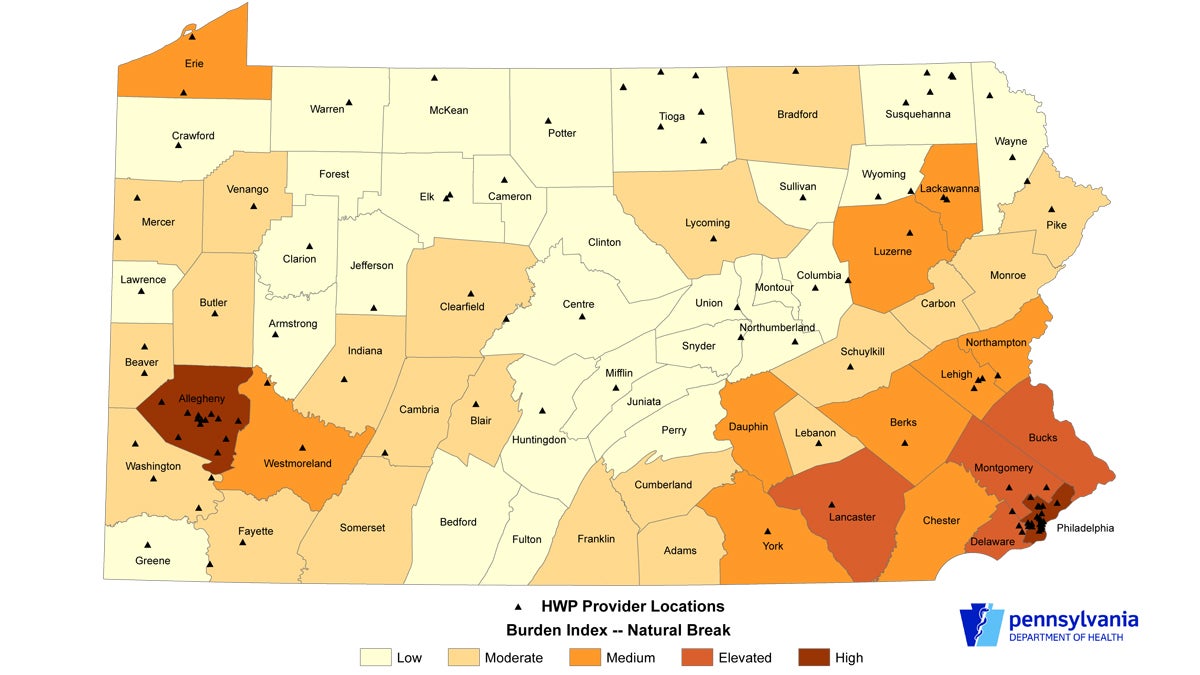  This image shows HealthyWoman Program (HWP) provider locations and a breast and cervical cancer burden index derived from several weighted factors, including breast and cervical cancer incidence, mortality, and late stage percentages, breast and cervical cancer risk factors, and eligible population estimates. Source: Pennsylvania Bureau of Health; HealthyWoman Program; Bureau of Health Statistics (Jeremy Zuckero, July 2013) 