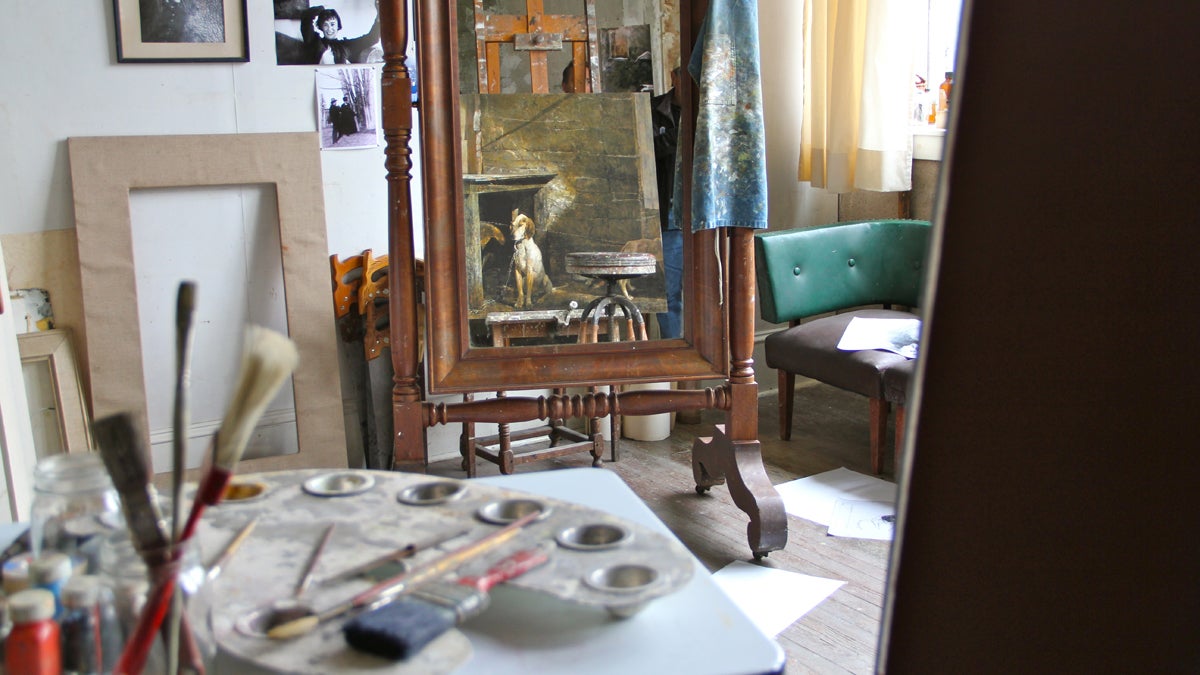 Sketches litter the paint-spattered floor of Andrew Wyeth's studio