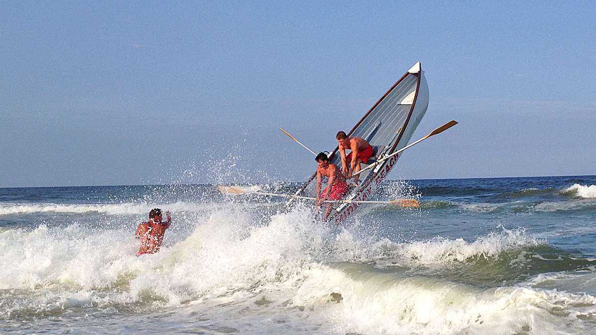 Lifeguards participating in the 2014 Seaside Park Lifeguard Tournament. (Justin Auciello/WHYY)