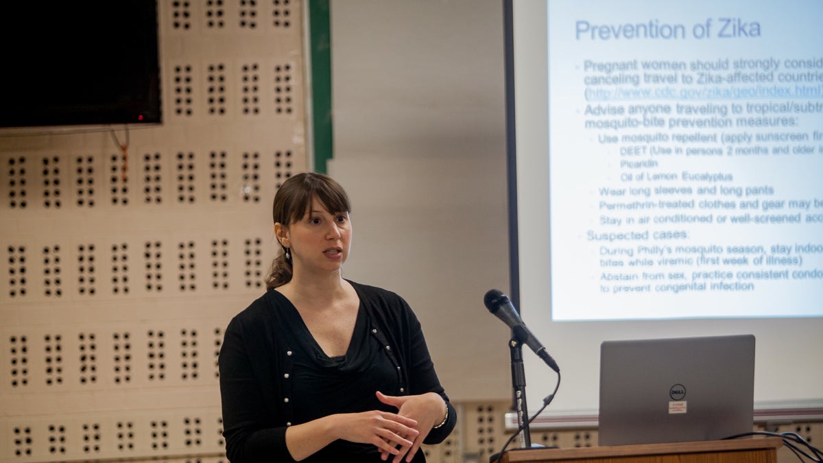  Dana Perella, the vector-borne disease surveillance coordinator for the city's Department of Public Health, leads a meeting on preventing the spread of the Zika virus should it make its way to Philadelphia. (Brad Larrison/for NewsWorks) 