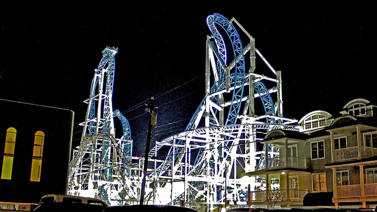 The Gale Force roller coaster at night.
