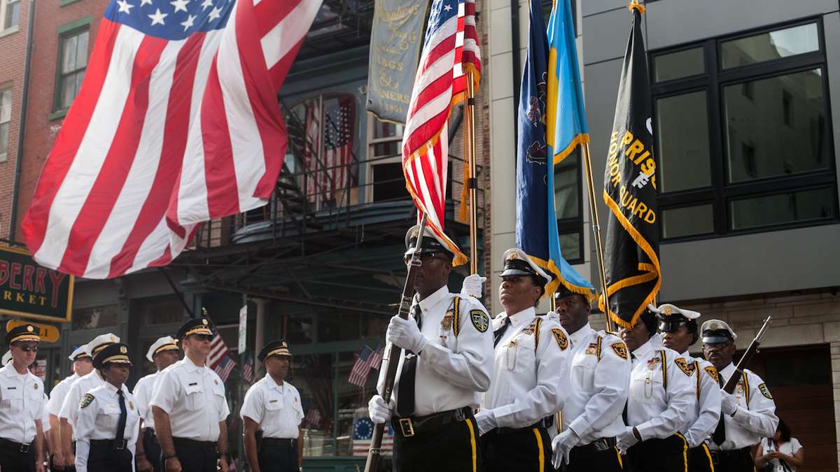 Members of the Philadelphia Prisons Honor Guard line up before marching on the 15th anniversary of the September 11th attacks on the World Trade Center.