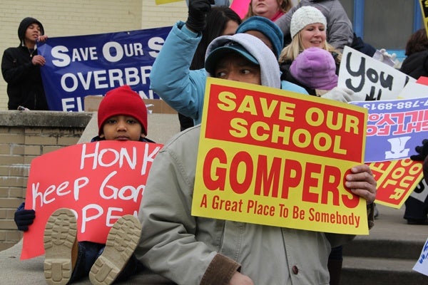 <p><p>About 150 parents and students gather in front of Gompers Elementary School for a rally and march against school closures. (Emma Lee/for NewsWorks)</p></p>
