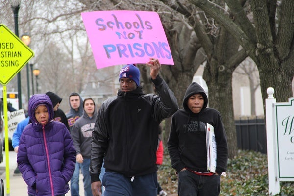 <p><p>Protesters marched in the cold for more than two hours with the hope of persuading the Philadelphia School District to keep Gompers and Overbrook elementary schools open. (Emma Lee/for NewsWorks)</p></p>
