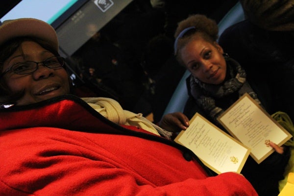 <p><p>Sharon Clark and Dee Cephas with Delawareblack.com show off their Gold Section tickets for the presidential inauguration. (Kimberly Paynter/WHYY)</p></p>
