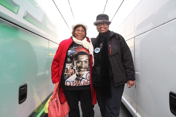 <p><p>Sharon Clark and Lorraine Watson with Delawareblack.com are decked out in presidential fan fare on the way to the inauguration. (Kimberly Paynter/WHYY)</p></p>

