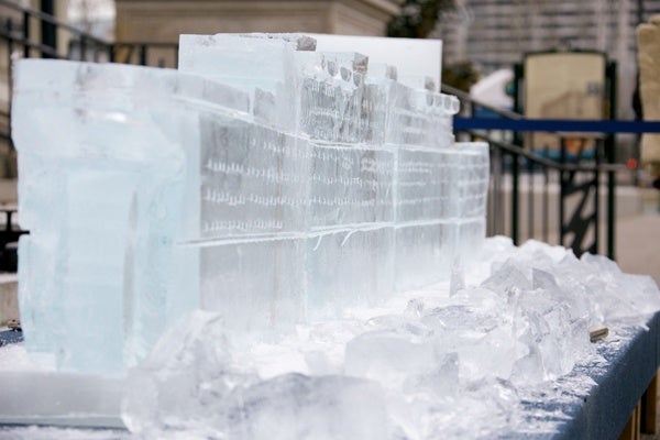 <p><p>The Titanic ice sculpture in front of the Franklin Institute is 12 ft. long and weighs 2,200 lbs. (Nathaniel Hamilton/for NewsWorks)</p></p>

