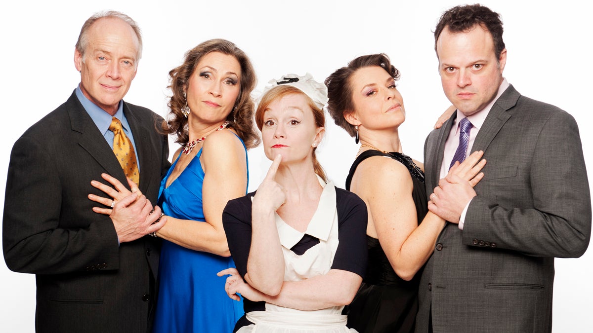  1812 Productions presents Marc Camoletti’s farce Happy Birthday. The ensemble cast is pictured (from left) Greg Wood, Susan Riley Stevens, Jennifer Childs, Suli Holum, Scott Greer (Photo by John Flak) 