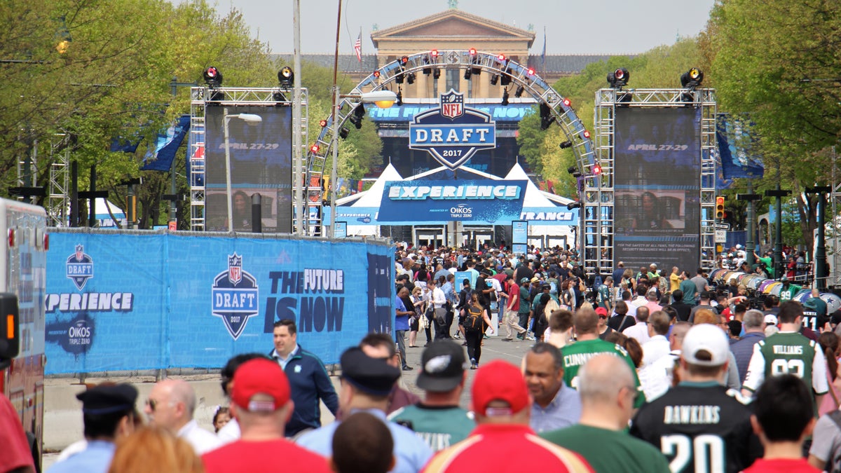 The Philadelphia Museum of Art is nearly obscured by the NFL Draft Experience on the Benjamin Franklin Parkway. (Emma Lee/WHYY)