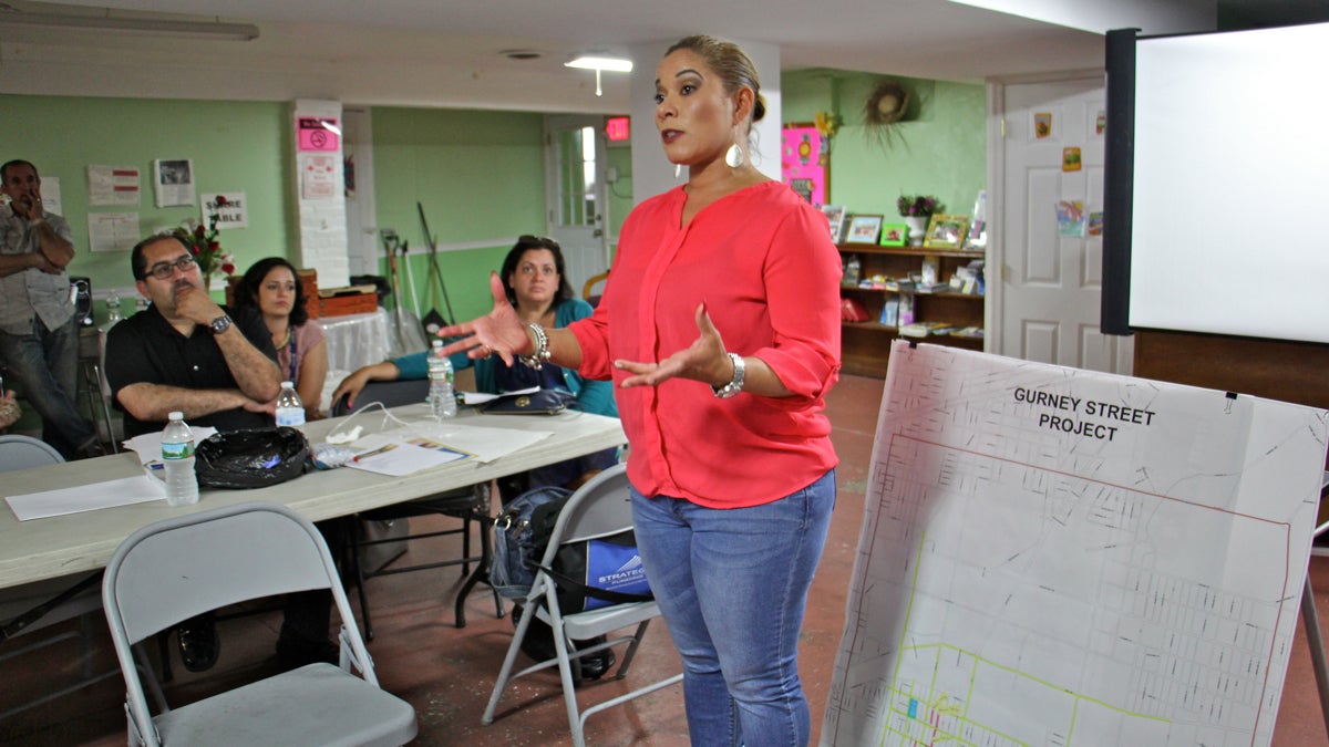 Joanna Otero-Cruz, deputing managing director for community services, prepares Kensington residents for the impact of the Gurney Street clean-up project. (Emma Lee/WHYY)