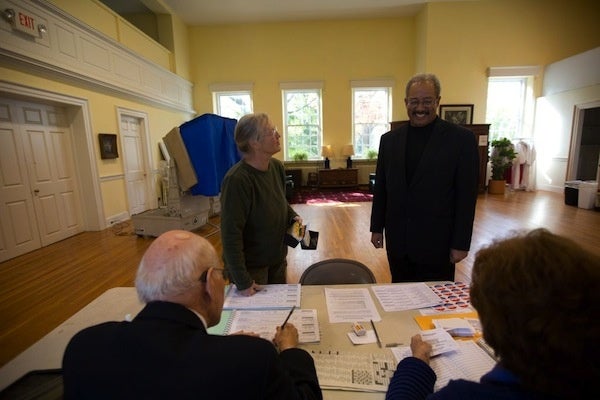 <p><p>Poll workers told Fattah that about 50 percent of voters had turned out before noon and wondered whether they'd be able to go home early. Fattah said they should not leave until they hit 100 percent. (Dave Tavani/for NewsWorks)</p></p>
