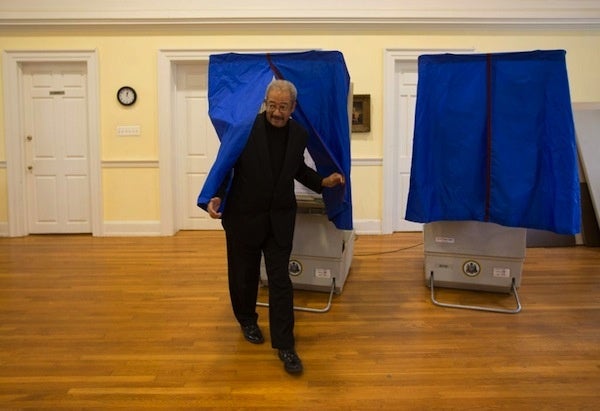 <p><p>After voting at the Memorial Church of the Good Shepherd in East Falls at noon Tuesday, U.S. Rep. Chaka Fattah predicted President Barack Obama would win "nine out of nine" battleground states. (Dave Tavani/for NewsWorks)</p></p>
