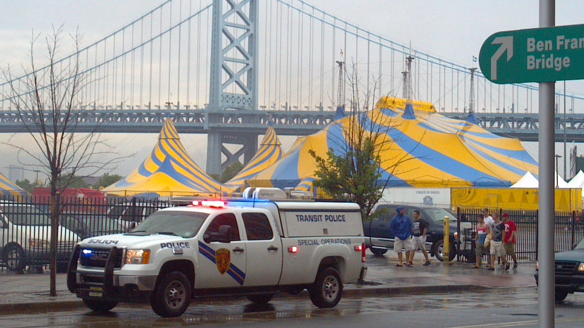  A police vehicle patrolling on Sunday in the parking lot near the XTU concert. (Marcus Biddle/for NewsWorks) 