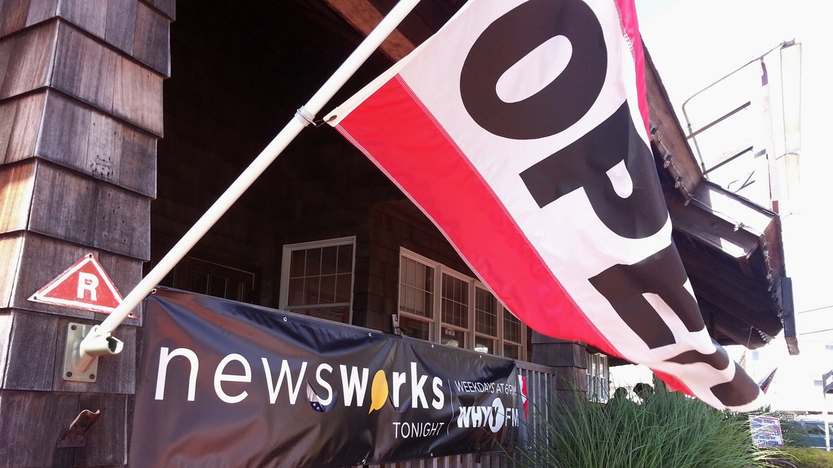  NewsWorks banner in front of the Surflight Theater in Beach Haven, N.J. (Alan Tu/WHYY) 