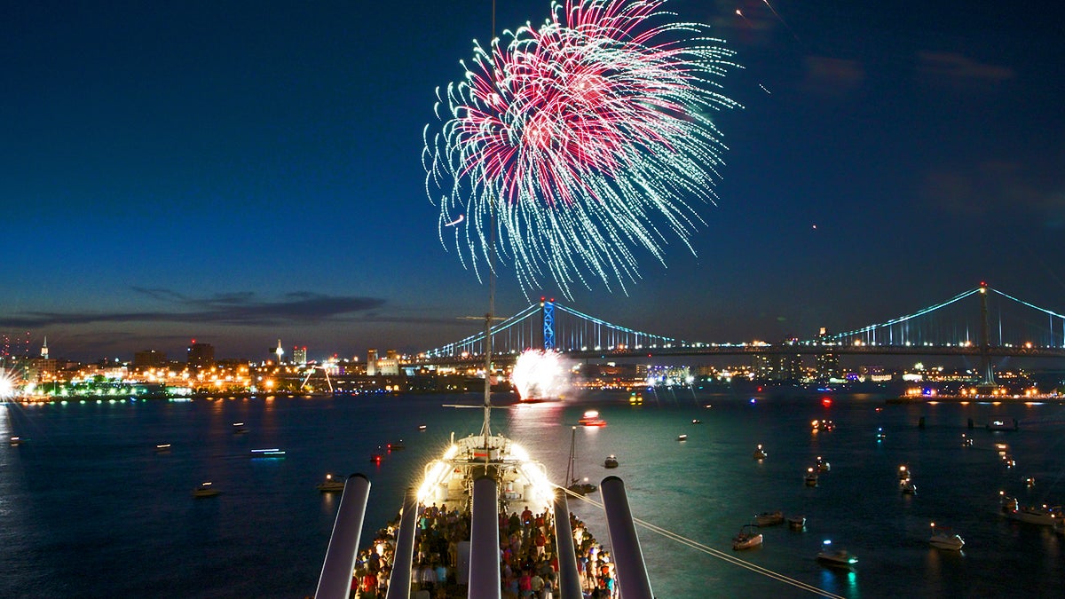  A view of the fireworks above the Delaware River from the upper decks of the USS New Jersey. (Bas Slabbers/for NewsWorks) 