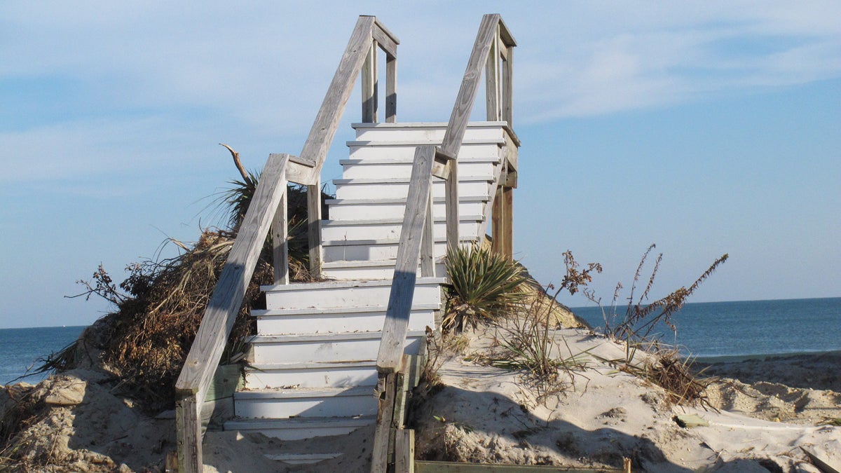  In this Nov. 29, 2012, photo, a stairway to nowhere sits on what is left of the beachfront in Toms River, N.J.  (AP Photo/Wayne Parry) 