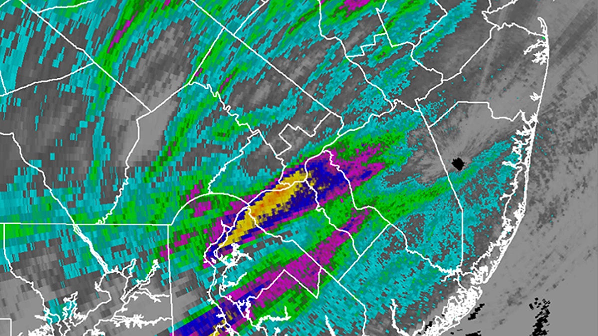  Weather radar from Sunday, July 28, 2013 at 6 p.m. shows heavy rain entering S Jersey.[Image from US National Weather Service) 