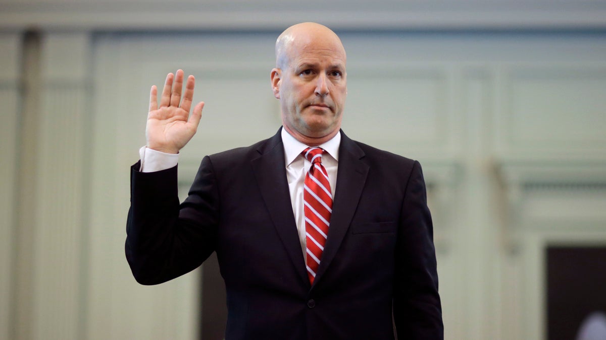  Michael Drewniak, chief spokesman for Gov. Chris Christie, is sworn in Tuesday, May 13, 2014, before the state legislature's Select Committee on Investigation in Trenton.  (AP Photo/Mel Evans) 