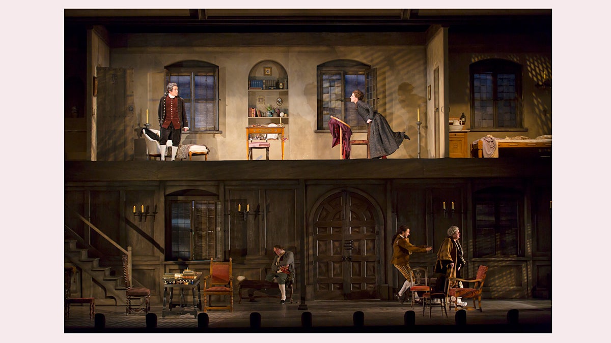  On the set for The Barber of Seville, with Derek Smith, Burton Curtis, Naomi O'Conell, Adam Green and Jeanne Paulsen. Photo by T. Charles Erickson. Courtesy McCarter Theatre Center. 
