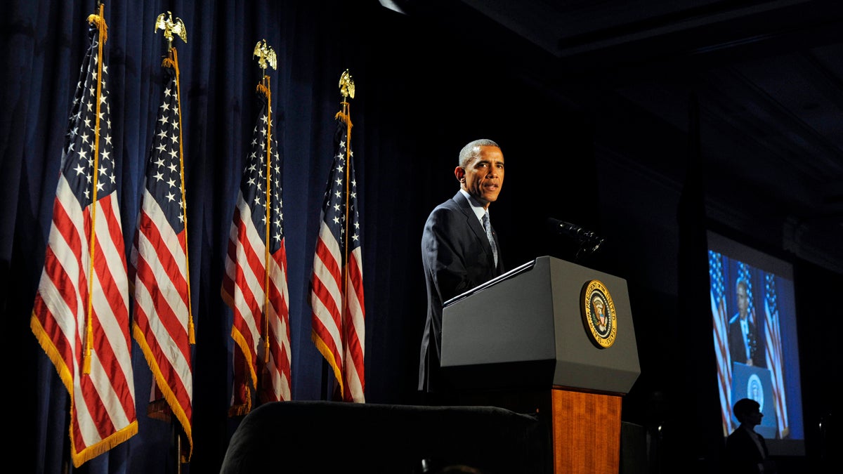  President Barack Obama addresses House Democrats, Thursday, Jan. 29, 2015, in Philadelphia. (AP Photo/The Philadelphia Inquirer, Tom Gralish, Pool) 
