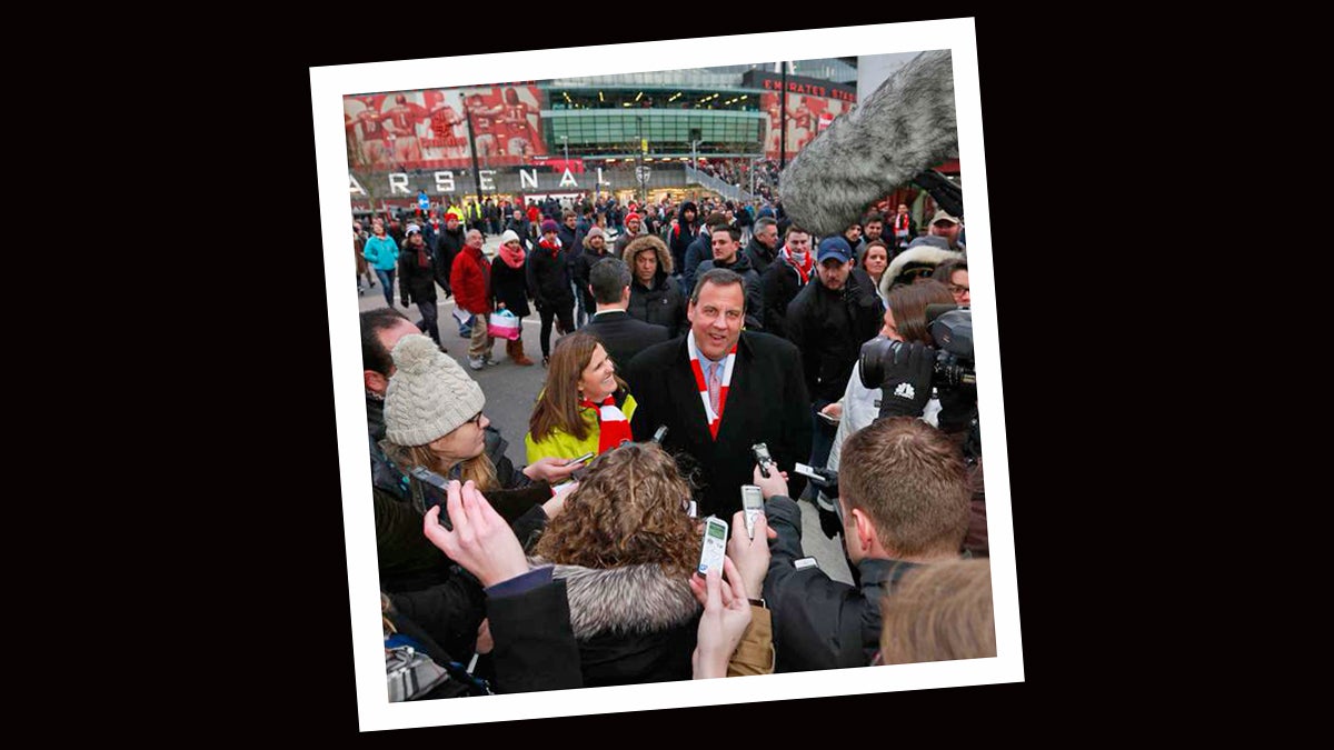 20150203-gov-tracker-sour-1200 Gov. Christie and First Lady Mary Pat Christie, outside the Arsenal football match in London. (Tim Larsen/Governor's Office)