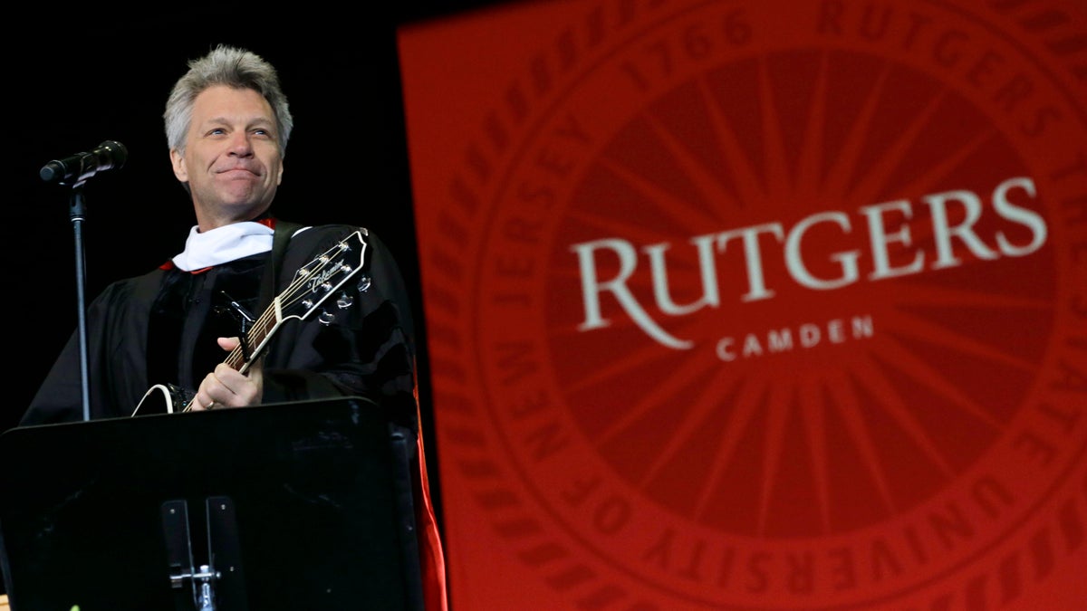  Rock star and philanthropist Jon Bon Jovi performs a new song during graduation ceremonies at Rutgers University-Camden Thursday, May 21, 2015, in Camden, N.J.  