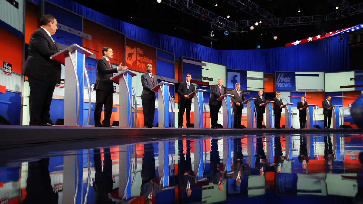  The top ten Republican presidential candidates at the Fox News 9 p.m. debate in Cleveland.  (AP Photo/Andrew Harnik) 