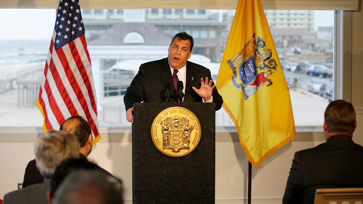  New Jersey Gov. Chris Christie addresses a gathering near the Atlantic Ocean in Long Branch, N.J., Thursday, April 18, 2013. (AP Photo/Mel Evans) 