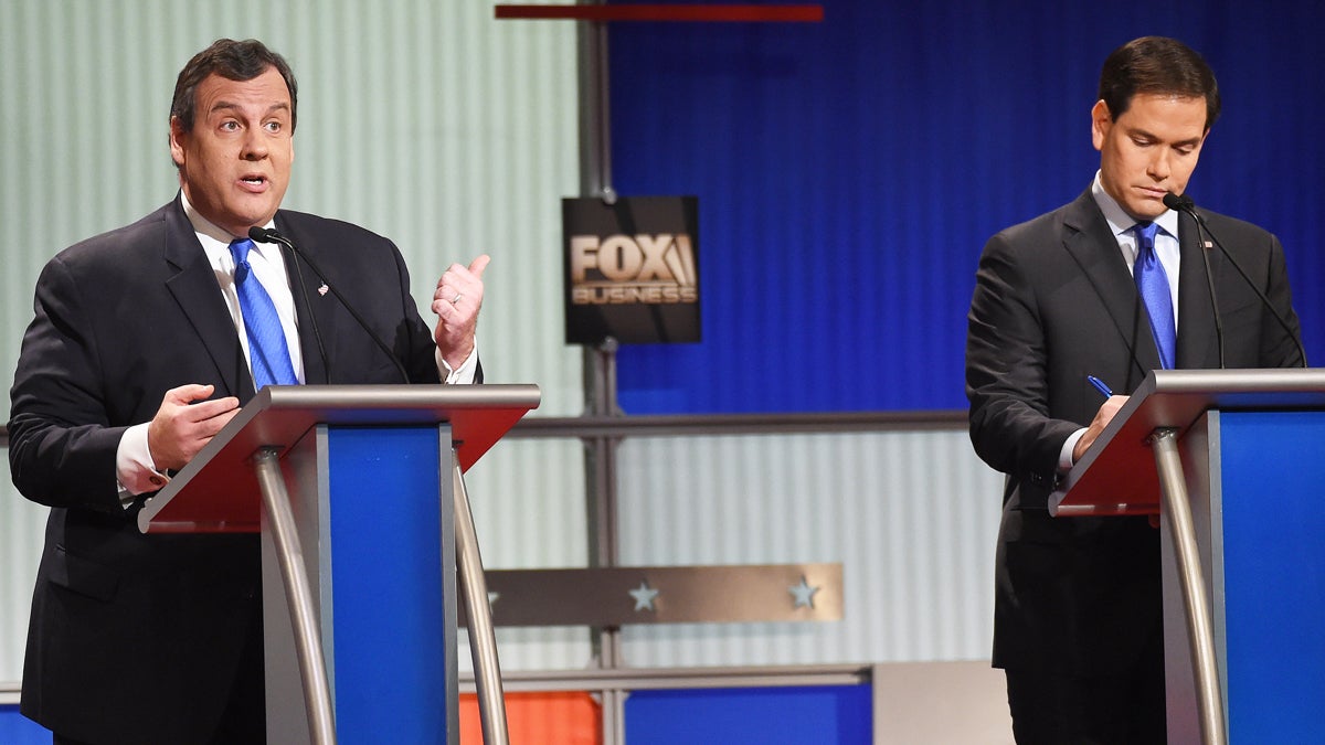  Gov. Chris Christie (left) and  Sen. Marco Rubio at Thursday's Fox Business Network Republican presidential debate in South Carolina. (AP Photo/Rainier Ehrhardt) 