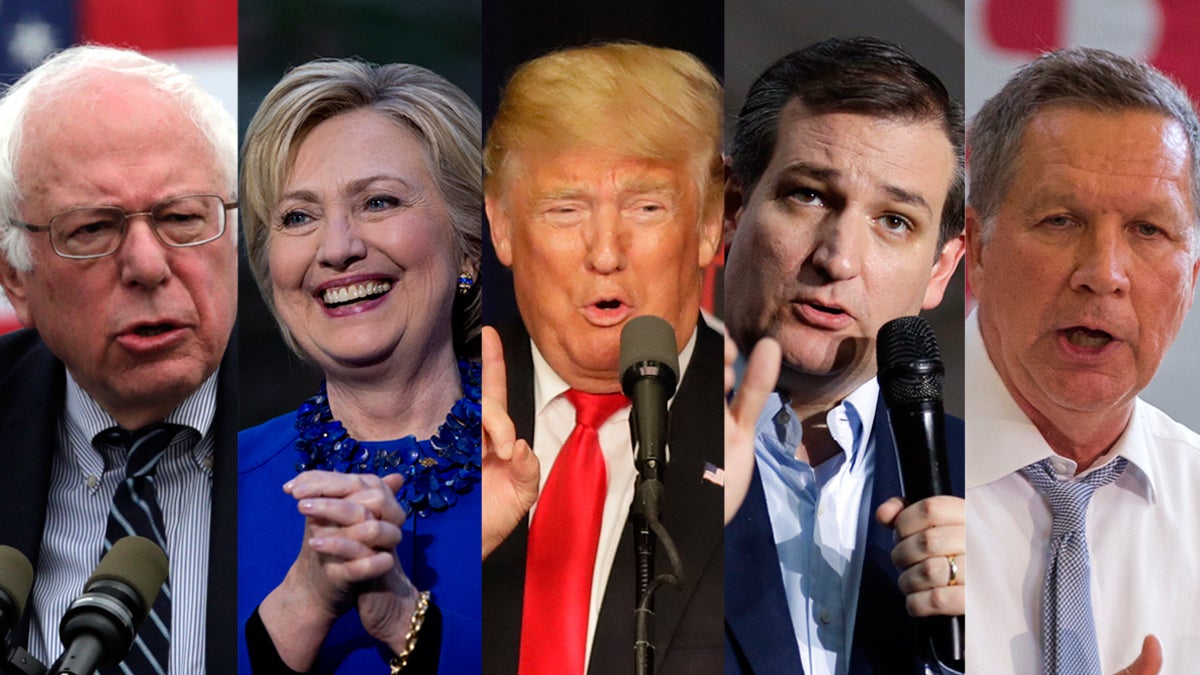  From left to right presidential primary candidates: Sen. Bernie Sanders, Hillary Clinton, Donald Trump, Sen. Ted Cruz, and Ohio Gov. John Kasich (AP Photo/Matt Rourke)  