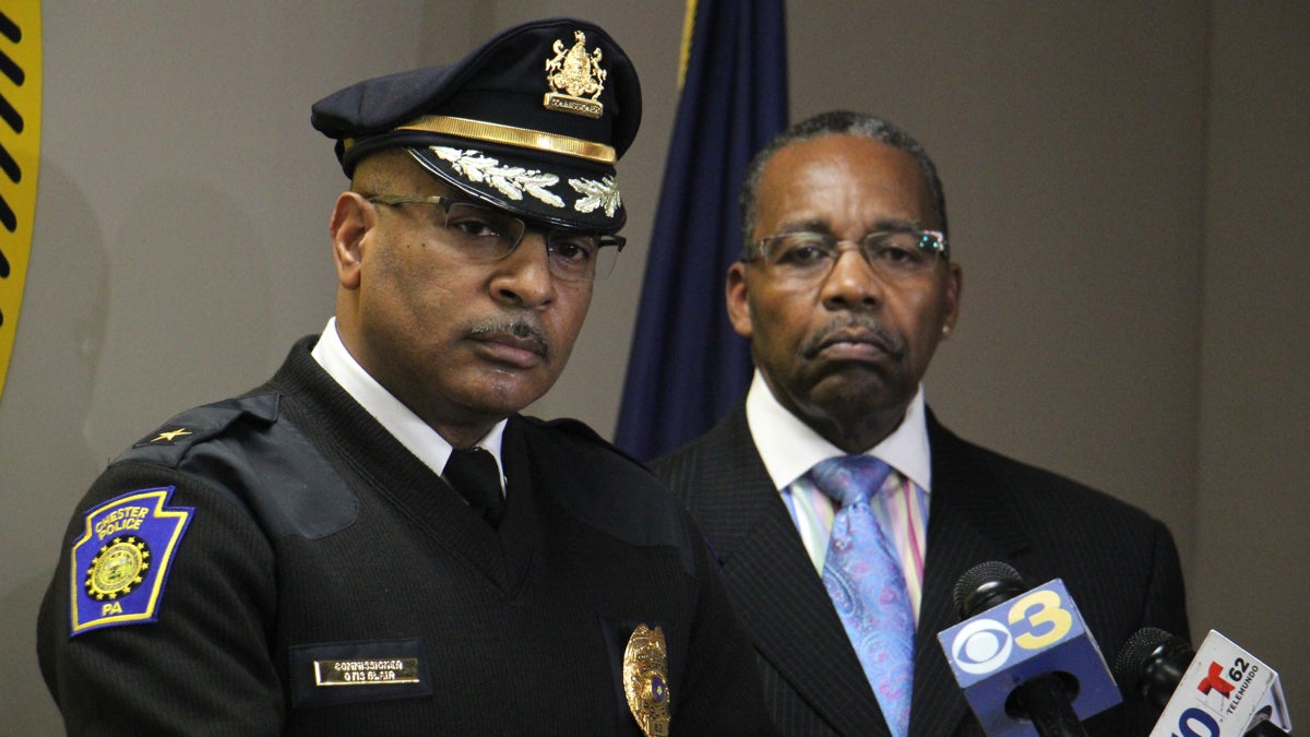  Chester Mayor Thaddeus Kirkland (right) and Police Commissioner Otis Blair speak of measures that can be taken to combat the city's rising murder rate during a press conference on Feb.13, 2017. (Emma Lee/WHYY, file) 