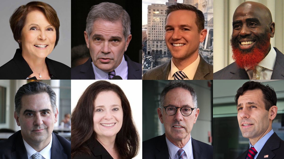  Candidates for Philadelphia district attorney are (clockwise from top left) Teresa Carr Deni, Larry Krasner, Jack O'Neill, Tariq El-Shabazz, Joe Khan, Michael Untermeyer, Beth Grossman, and Rich Negrin. (NewsWorks, file, and photos from candidates' social media)  