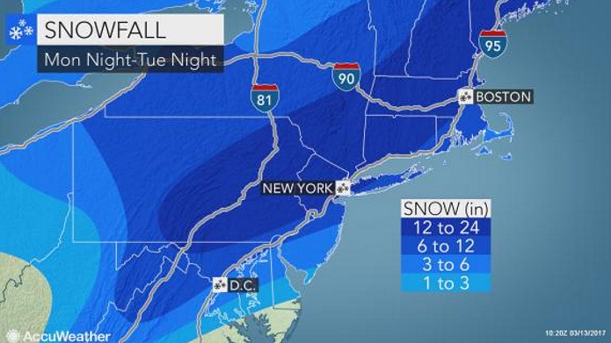  ACCUWEATHER map showing expected snowfall amounts.  