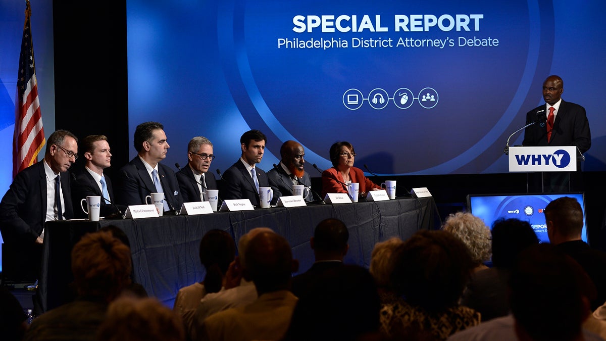  The seven Democrats running for Philadelphia district attorney field questions from moderator Solomon Jones at WHYY Thursday night. (Bastiaan Slabbers for NewsWorks) 